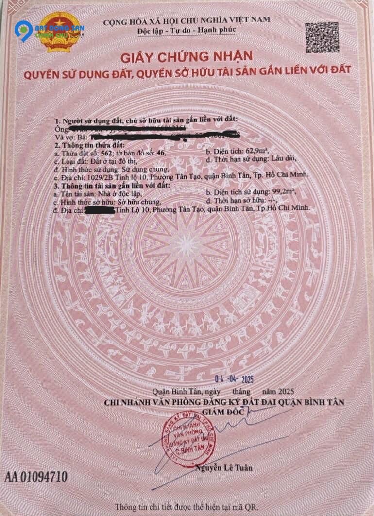 Bán nhà MT đường Tỉnh Lộ 10, DT 63m2, xây mới 1 trệt, 1 lầu.