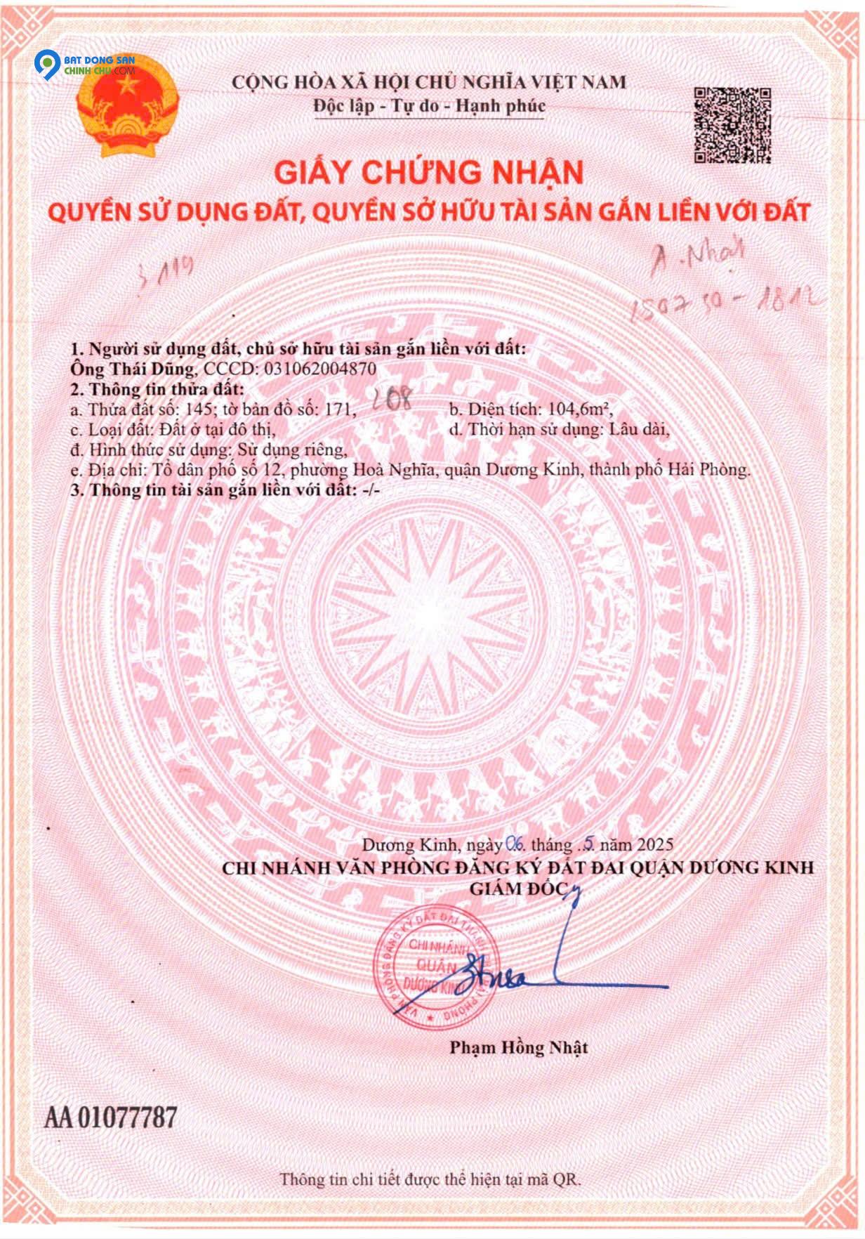 1.3xx tỷ 104m2 Hòa Nghĩa Dương Kinh Zalo 0567222555