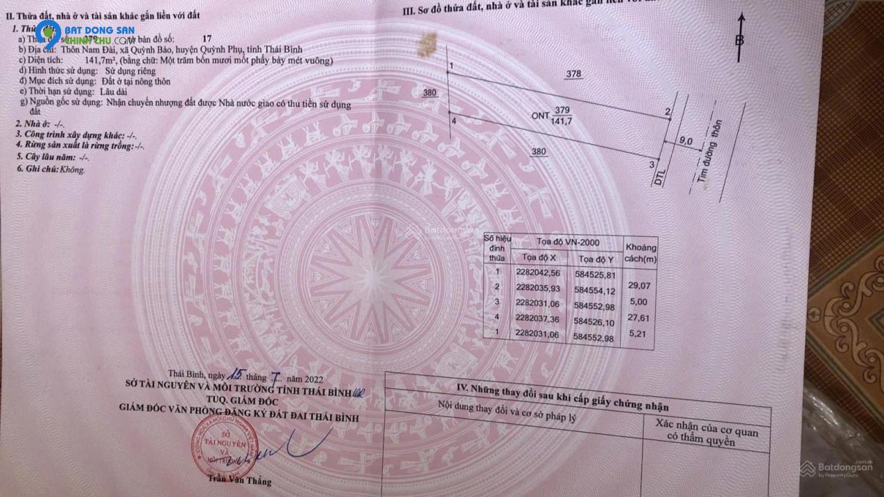 CHÍNH CHỦ GỬI BÁN ĐẤT TẠI THÔN NAM ĐẠI - XÃ QUỲNH BẢO - QUỲNH PHỤ - THÁI BÌNH