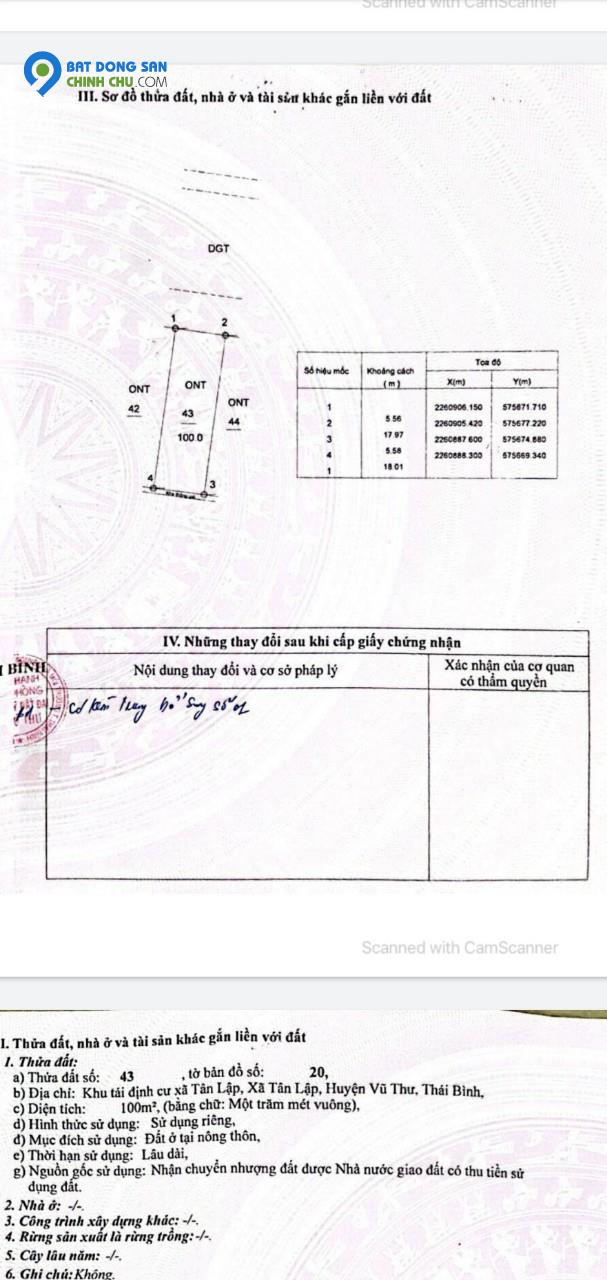 Cần bán lô đất mặt đường 10B đường 15m Khu Tái Định Cư- Tân Lập – Vũ Thư- Thái Bình.