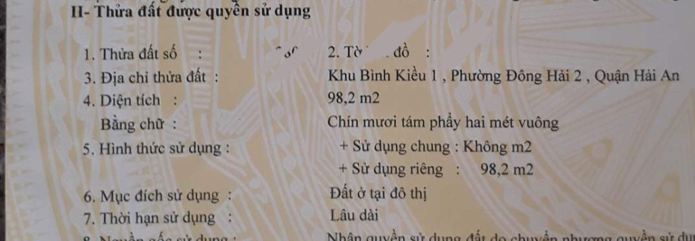 Cần tiền bán gấp mảnh đất 98m2 ở Đông Hải 2, quận Hải An, Tp. Hải Phòng