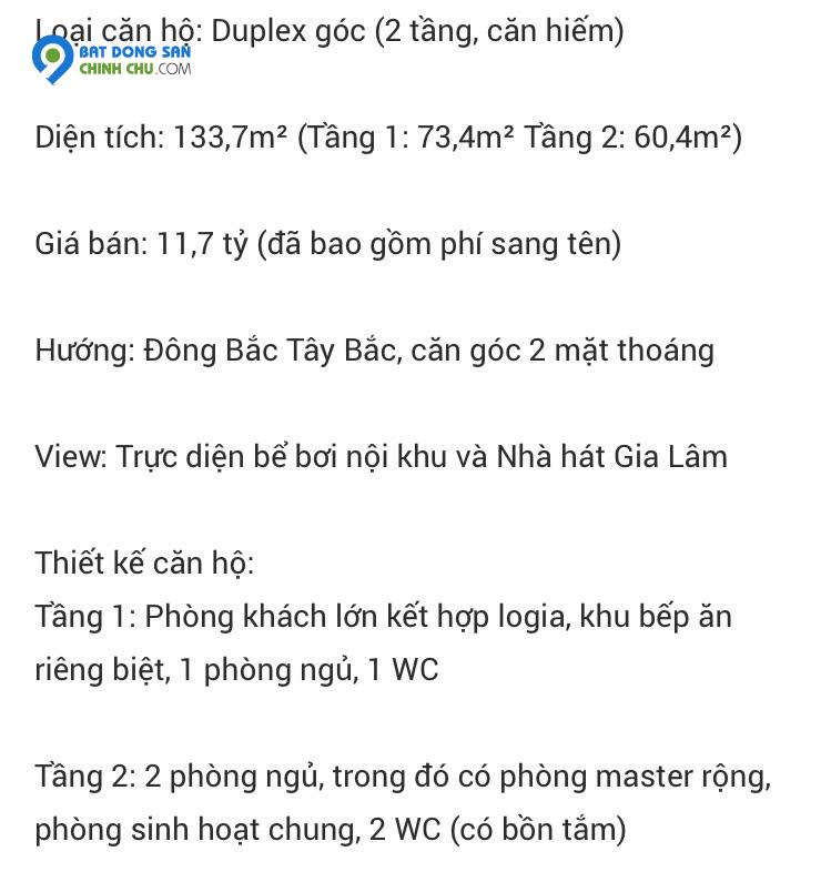 Chính chủ bán căn góc Duplex The Senique tầng đẹp view bể bơi và nhà hát Gia Lâm