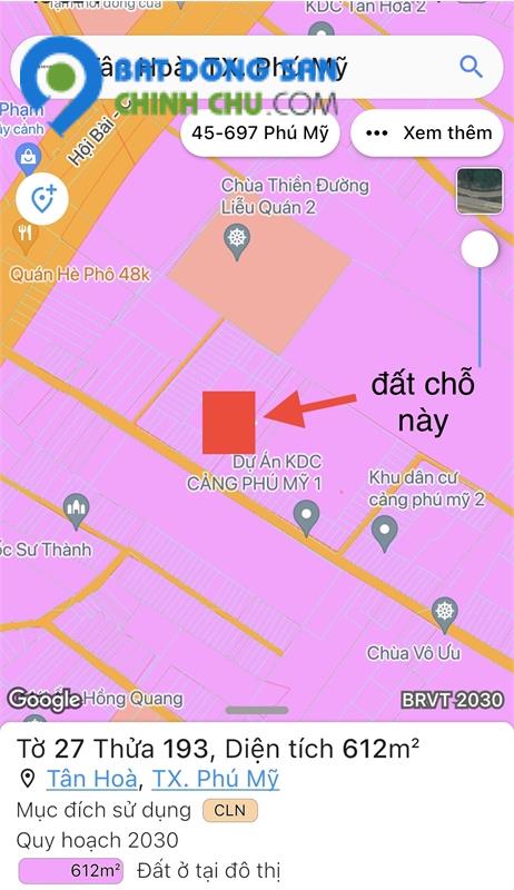 Đất sạch phủ hồng , trung tâm xã Tân Hòa - thị xã Phú Mỹ, giá chỉ 6tr/m2