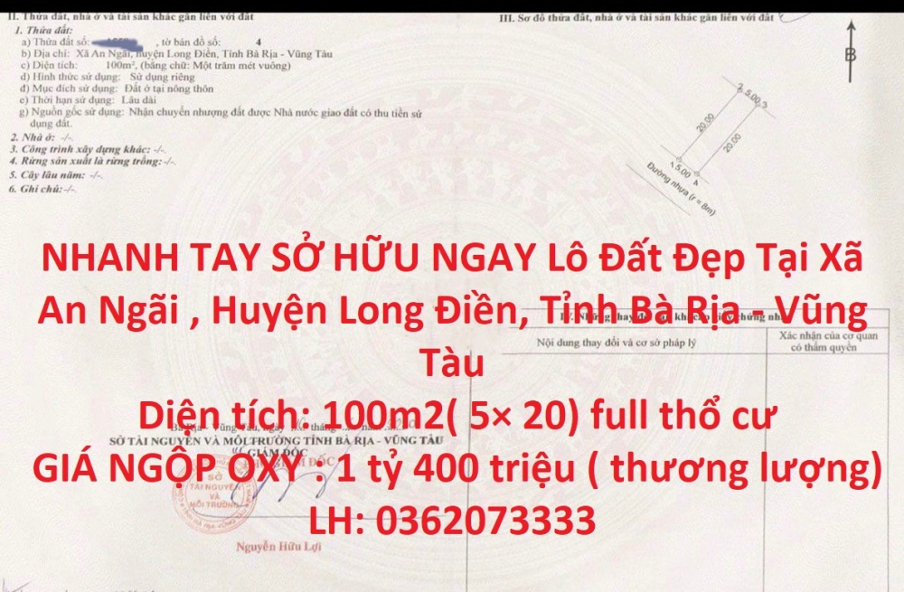 NHANH TAY SỞ HỮU NGAY Lô Đất Đẹp Tại Xã An Ngãi , Huyện Long Điền, Tỉnh Bà Rịa - Vũng Tàu